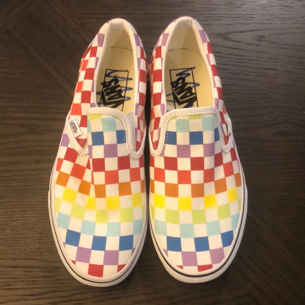 Vans multi colored checkered slip ons